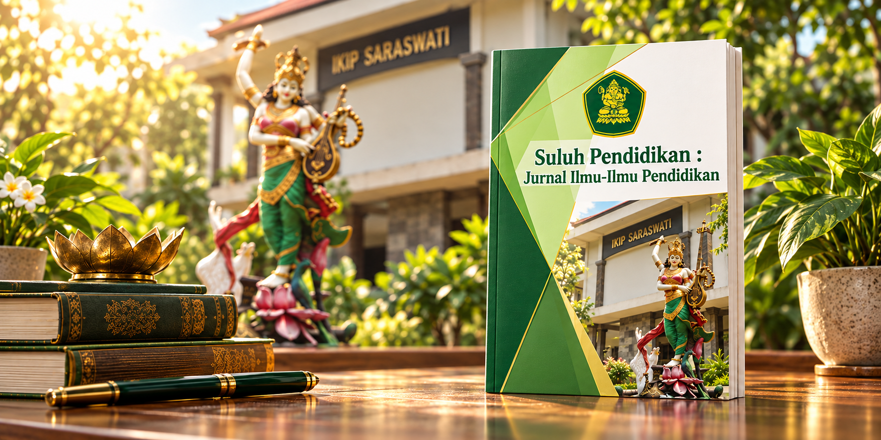 Suasana kampus dan cover Suluh Pendidikan dalam cahaya pagi
