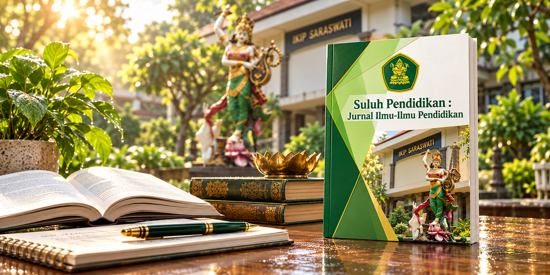 Buku penelitian dan cover Suluh Pendidikan dengan latar taman kampus