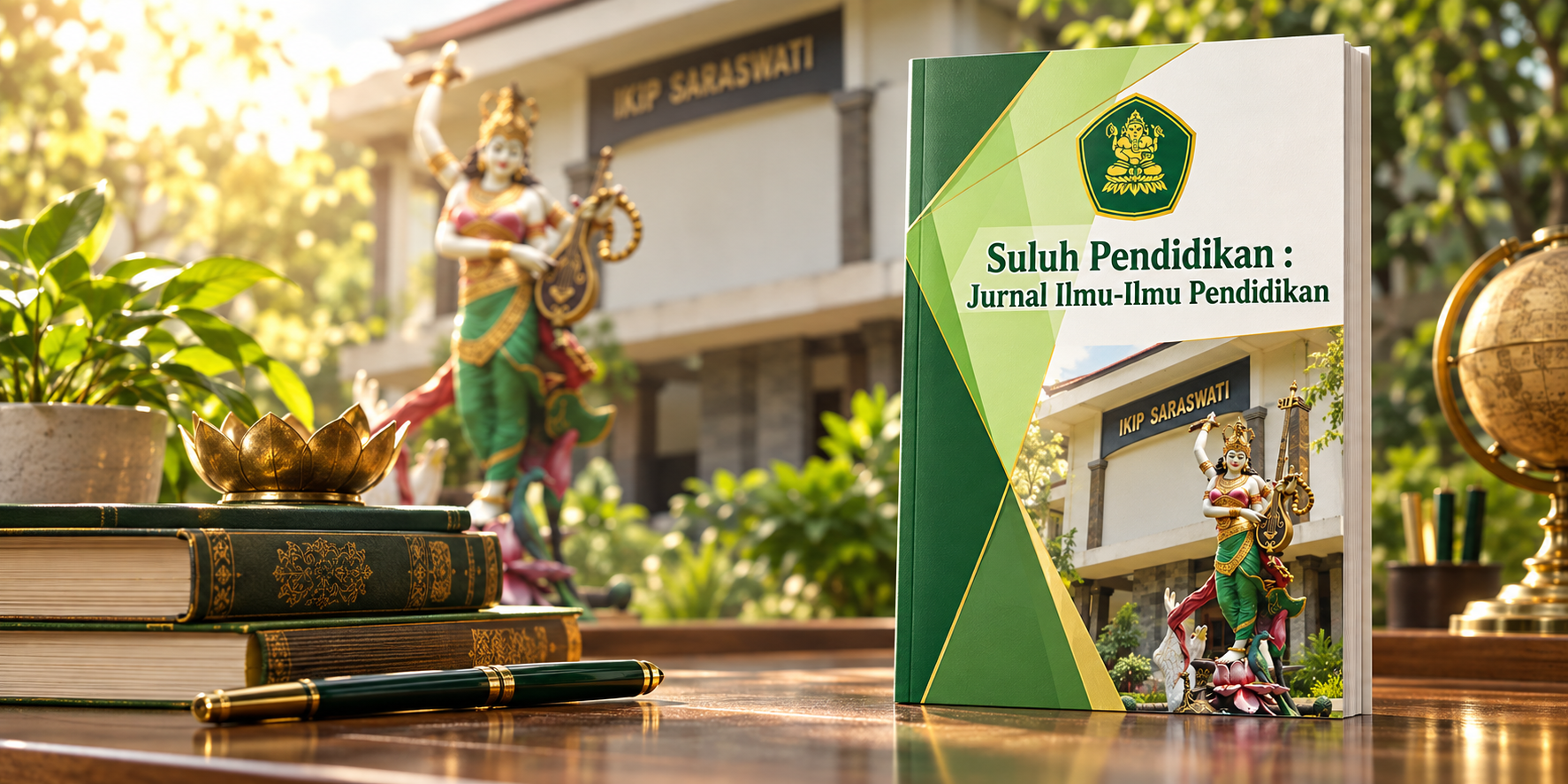 Cover Suluh Pendidikan : Jurnal Ilmu-Ilmu Pendidikan dengan latar kampus dan Saraswati